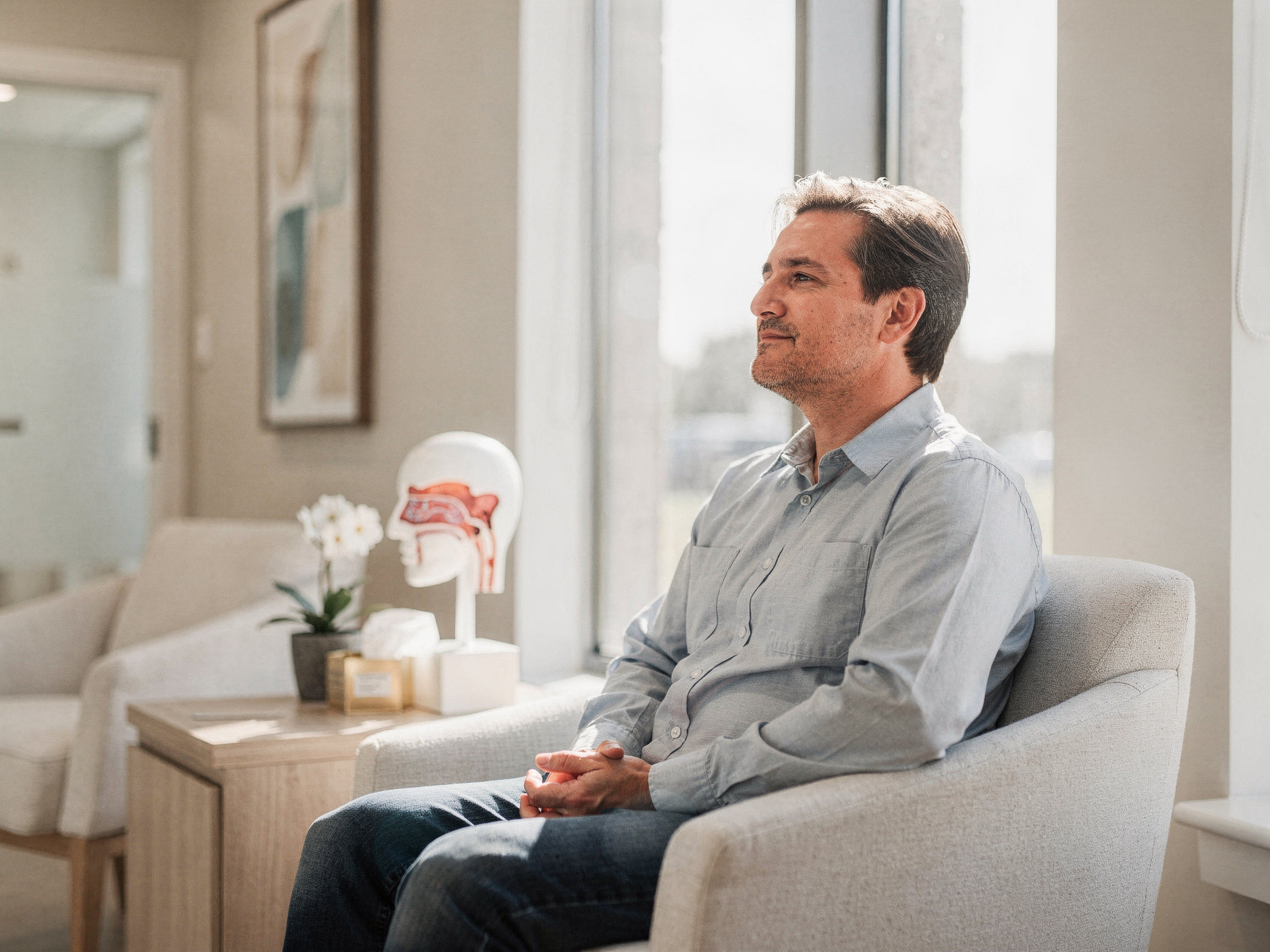 Man sitting in a modern medical office consultation room with anatomical nasal model on desk